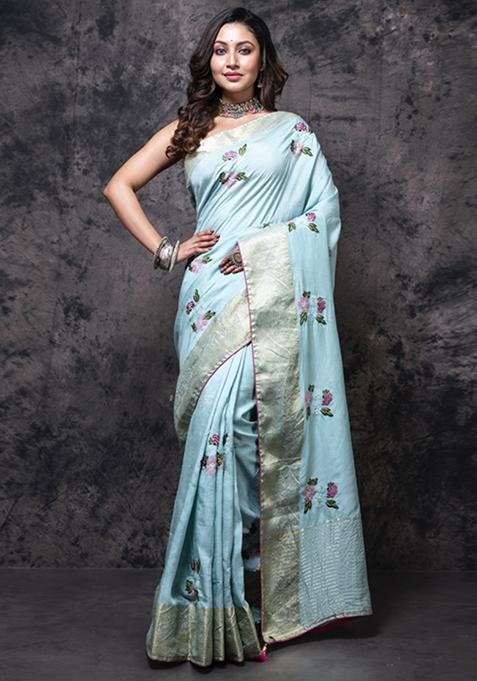 Light Blue Embroidered Saree Set