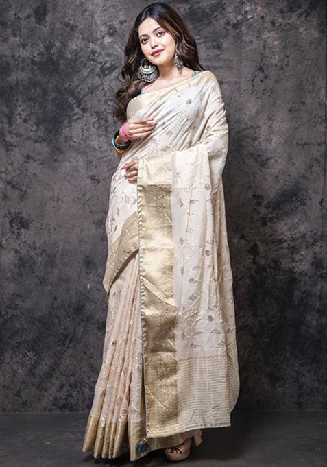 Cream Embroidered Silk Blend Saree Set