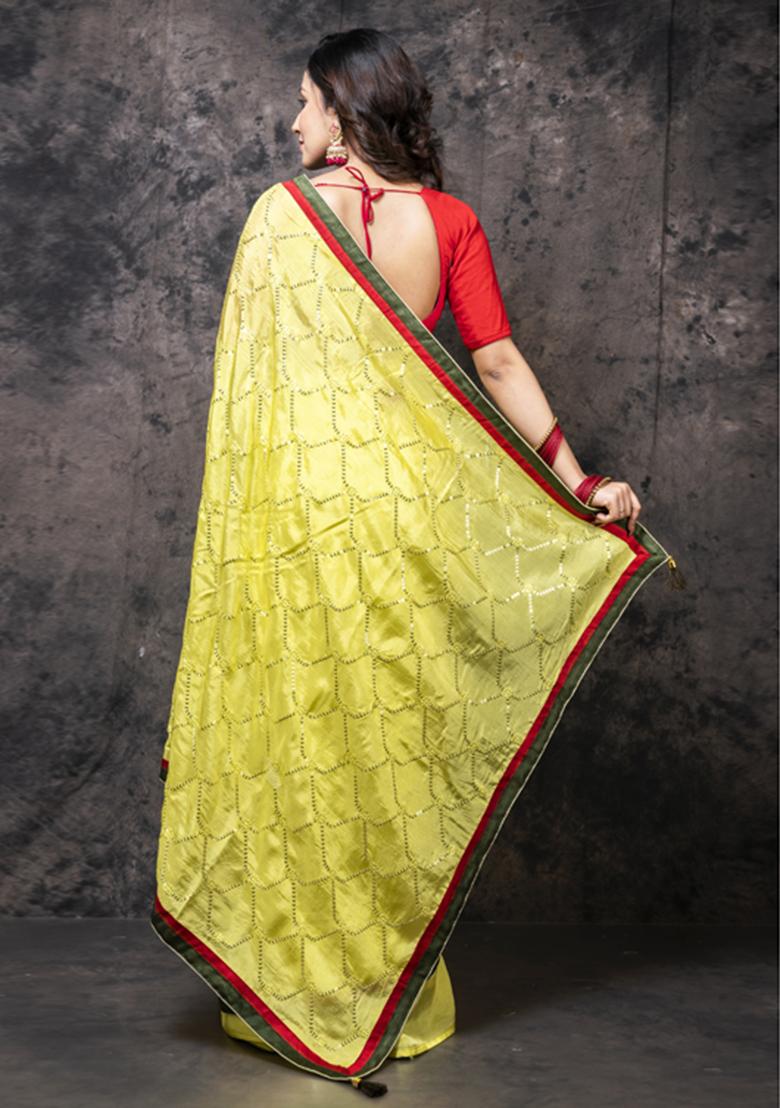 Yellow Embroidered Silk Blend Saree Set