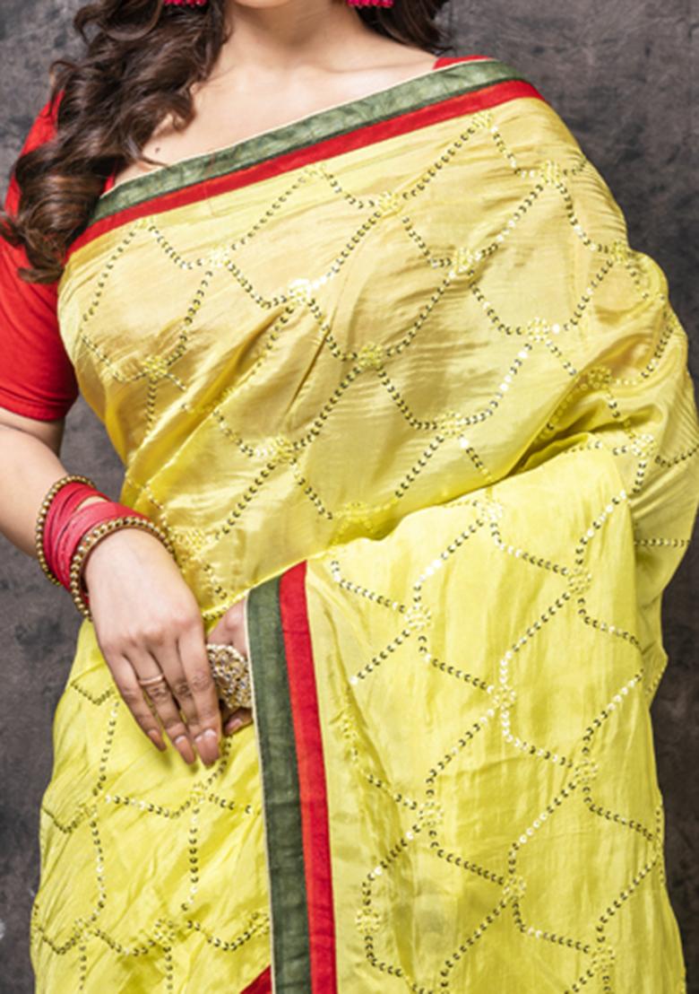 Yellow Embroidered Silk Blend Saree Set