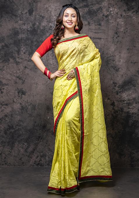 Yellow Embroidered Silk Blend Saree Set