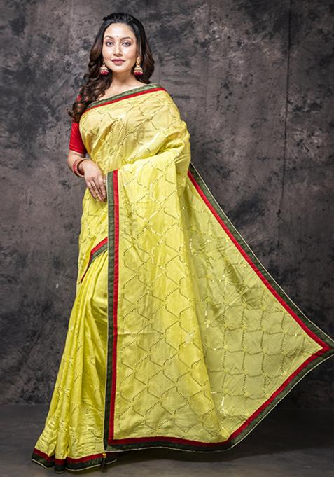 Yellow Embroidered Silk Blend Saree Set