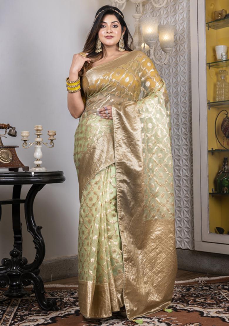 Green Heavy Zari Embroidered Silk Blend Saree Set