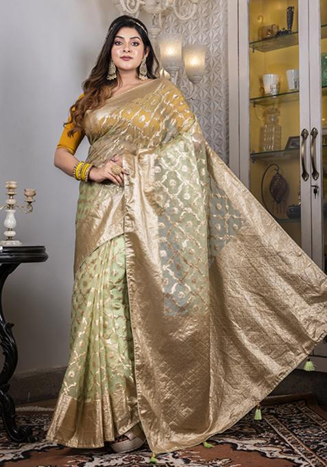 Green Heavy Zari Embroidered Silk Blend Saree Set