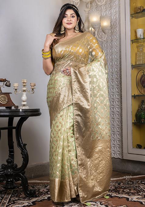Green Heavy Zari Embroidered Silk Blend Saree Set