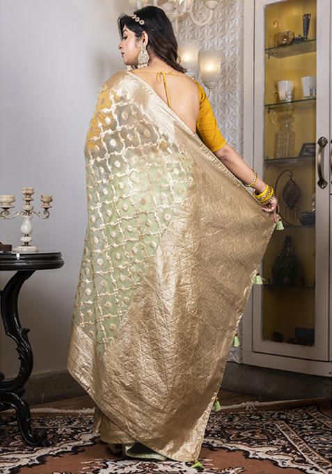 Green Heavy Zari Embroidered Silk Blend Saree Set