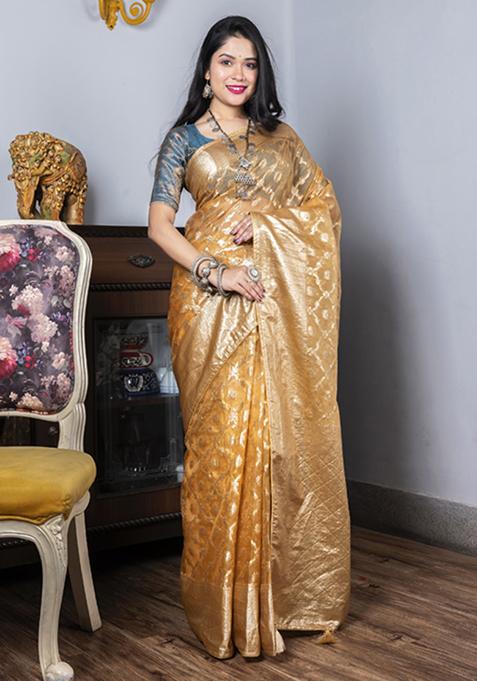 Yellow Heavy Zari Embroidered Silk Blend Saree Set