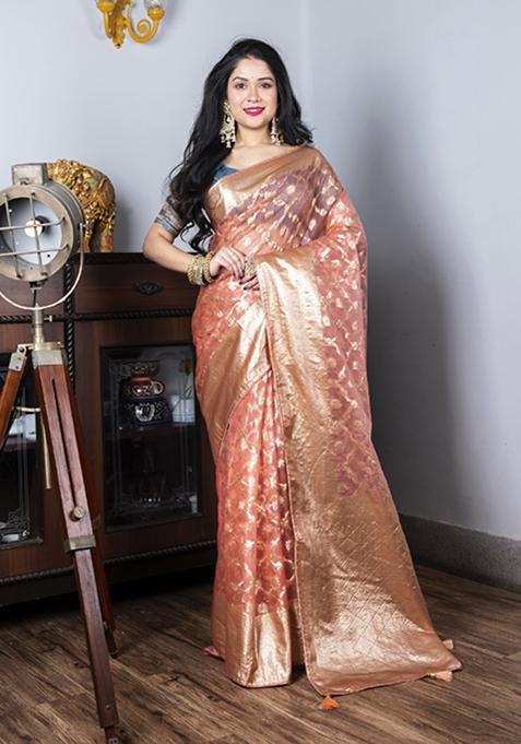 Pink Heavy Zari Embroidered Silk Blend Saree Set