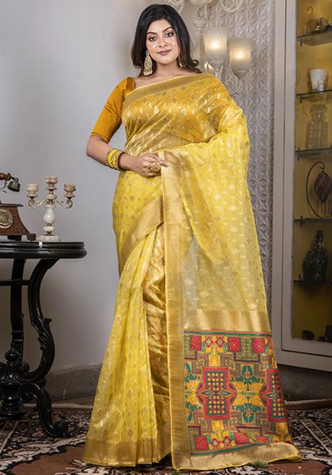 Yellow Heavy Zari Embroidered Saree Set