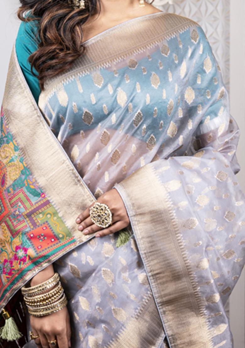 Grey Heavy Zari Embroidered Silk Blend Saree Set - Indya