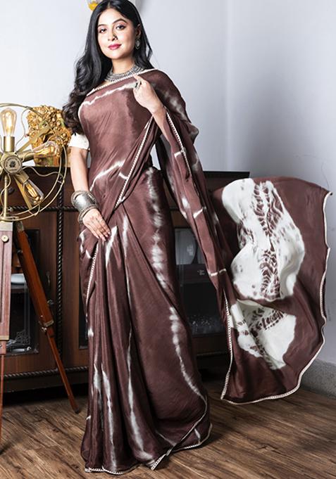 Brown Tie And Dye Work Chiffon Silk Blend Saree Set