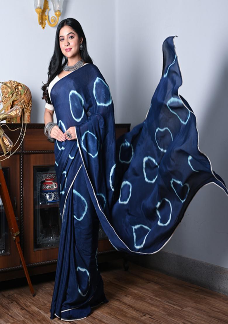 Blue Tie And Dye Work Chiffon Silk Blend Saree Set