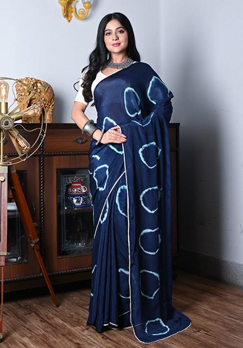 Blue Tie And Dye Work Chiffon Silk Blend Saree Set