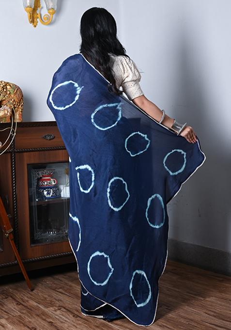 Blue Tie And Dye Work Chiffon Silk Blend Saree Set