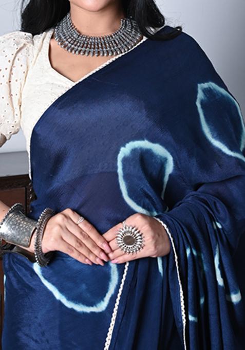 Blue Tie And Dye Work Chiffon Silk Blend Saree Set