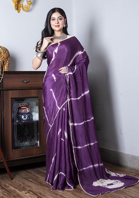 Purple Tie And Dye Work Chiffon Silk Blend Saree Set