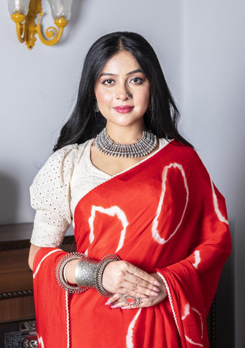 Red Tie And Dye Work Chiffon Silk Blend Saree Set