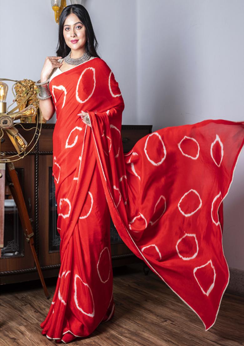 Red Tie And Dye Work Chiffon Silk Blend Saree Set
