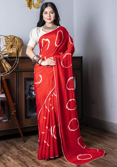 Red Tie And Dye Work Chiffon Silk Blend Saree Set