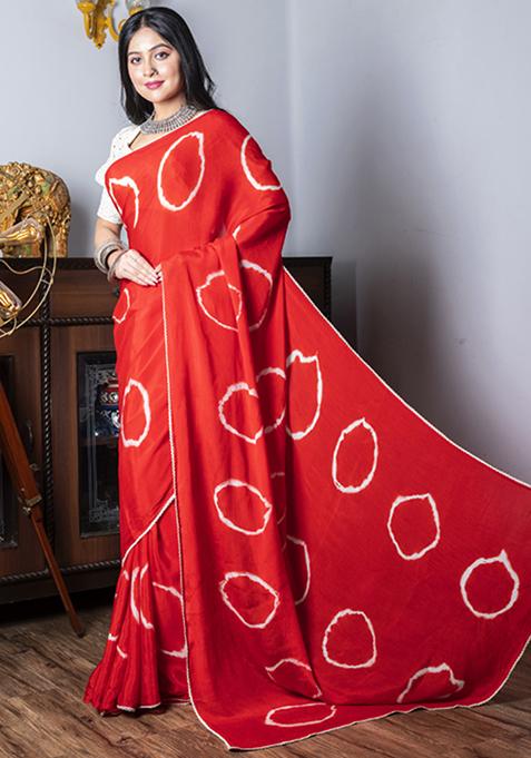 Red Tie And Dye Work Chiffon Silk Blend Saree Set
