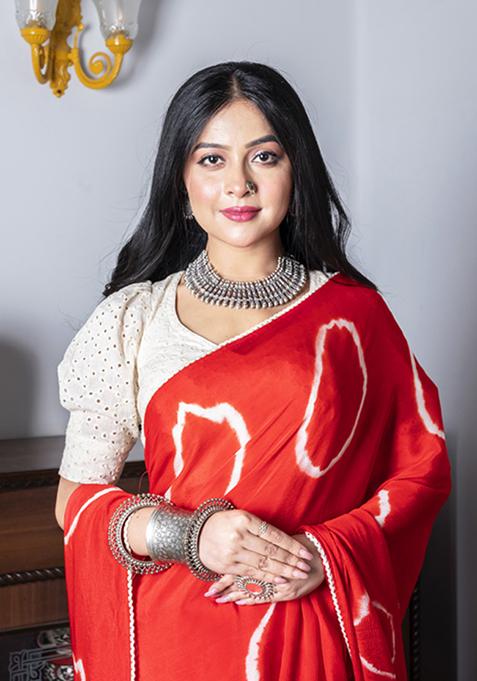 Red Tie And Dye Work Chiffon Silk Blend Saree Set