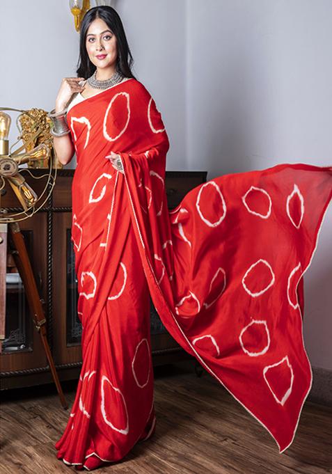 Red Tie And Dye Work Chiffon Silk Blend Saree Set