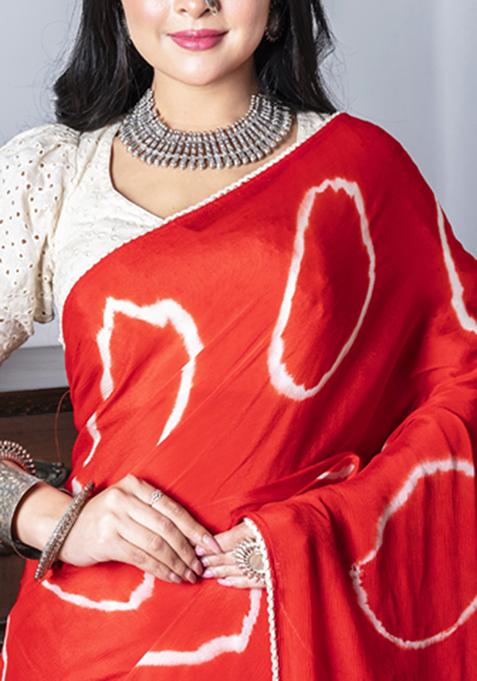 Red Tie And Dye Work Chiffon Silk Blend Saree Set