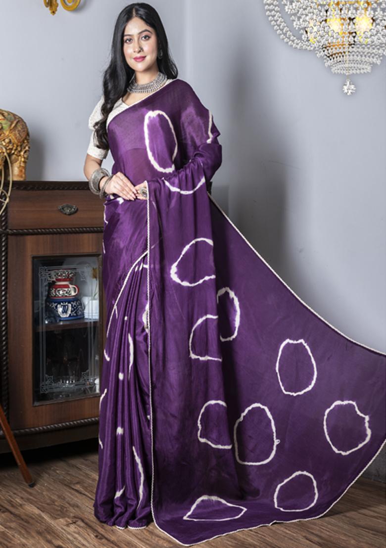 Purple Tie And Dye Work Silk Blend Saree Set