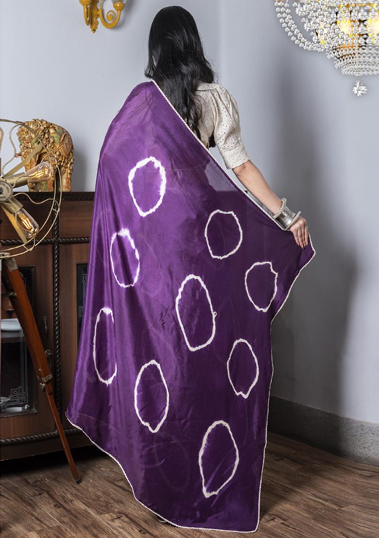 Purple Tie And Dye Work Silk Blend Saree Set