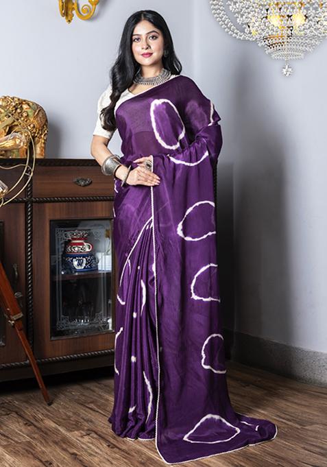 Purple Tie And Dye Work Silk Blend Saree Set