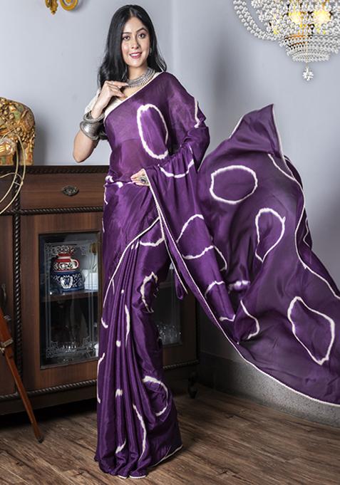 Purple Tie And Dye Work Silk Blend Saree Set