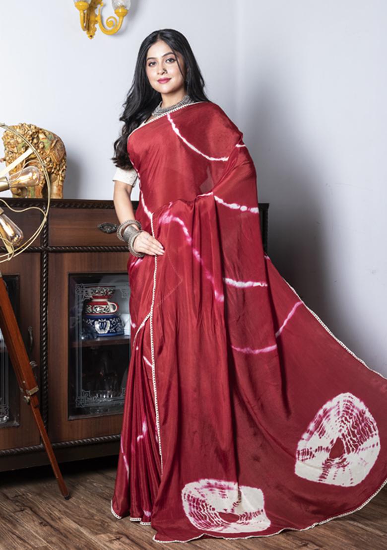 Maroon Tie And Dye Work Silk Blend Saree Set