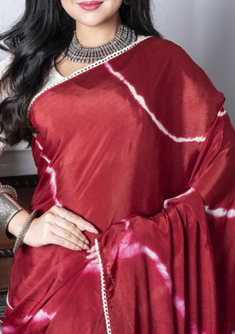 Maroon Tie And Dye Work Silk Blend Saree Set