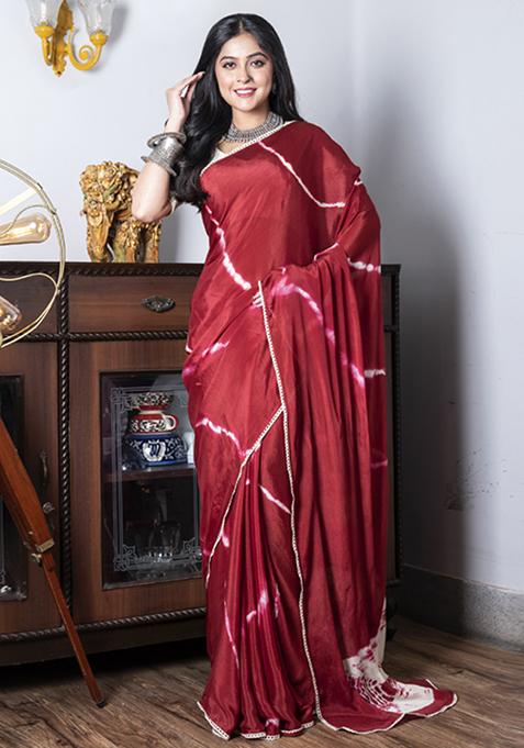 Maroon Tie And Dye Work Silk Blend Saree Set