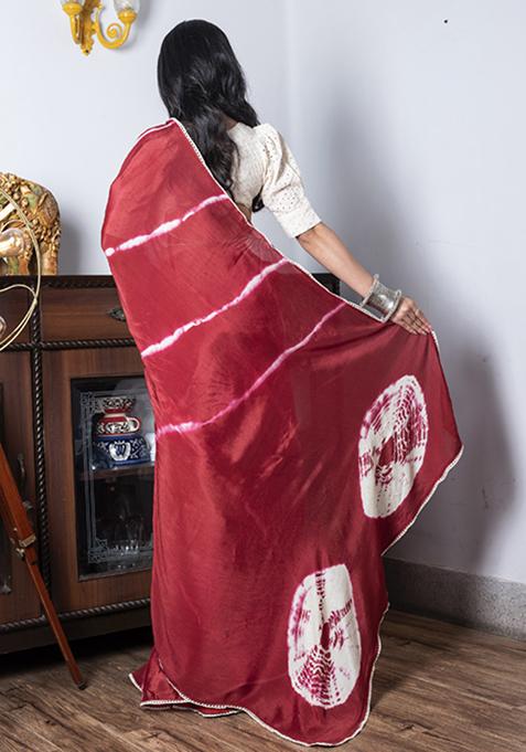 Maroon Tie And Dye Work Silk Blend Saree Set
