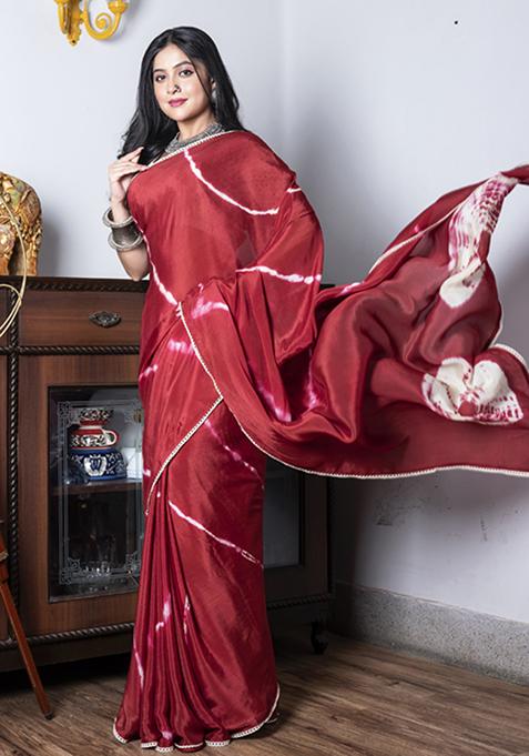 Maroon Tie And Dye Work Silk Blend Saree Set