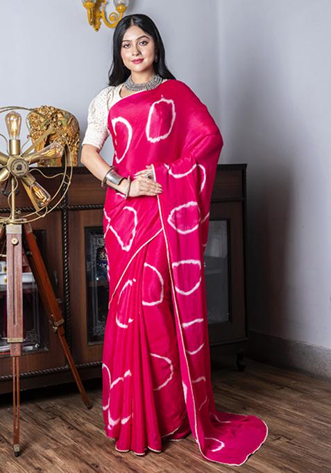 Rani Tie And Dye Work Silk Blend Saree Set