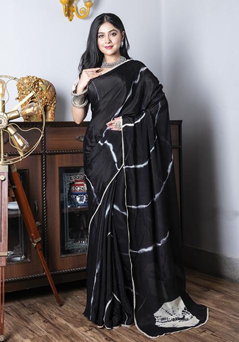 Black Tie And Dye Work Silk Blend Saree Set