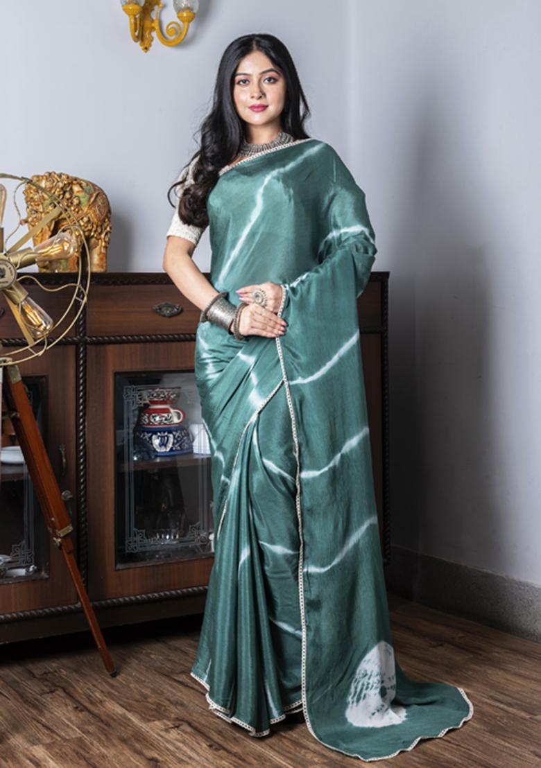Green Tie And Dye Work Silk Blend Saree Set