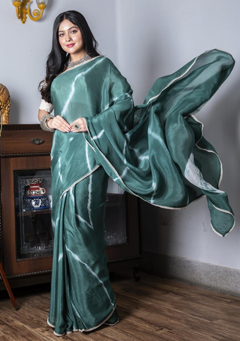 Green Tie And Dye Work Silk Blend Saree Set - Indya