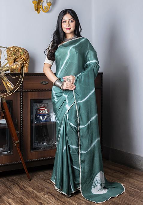 Green Tie And Dye Work Silk Blend Saree Set