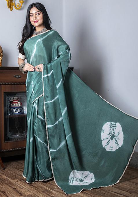 Green Tie And Dye Work Silk Blend Saree Set