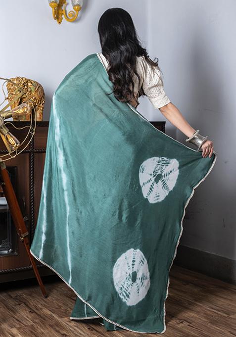 Green Tie And Dye Work Silk Blend Saree Set