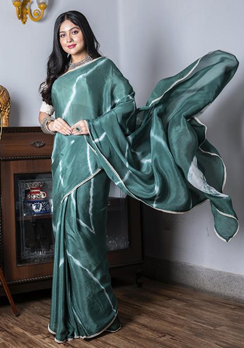 Green Tie And Dye Work Silk Blend Saree Set