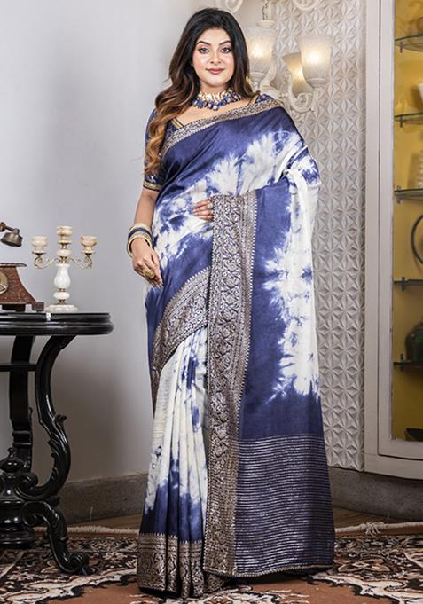 Blue Marble Dye Work Dola Silk Saree Set