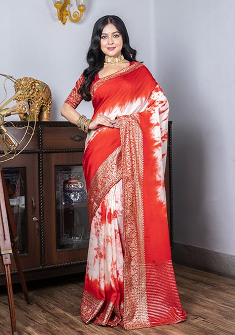 Red Marble Dye Work Dola Silk Saree Set