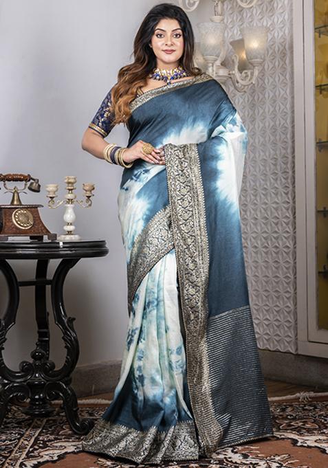 Grey Marble Dye Work Dola Silk Saree Set