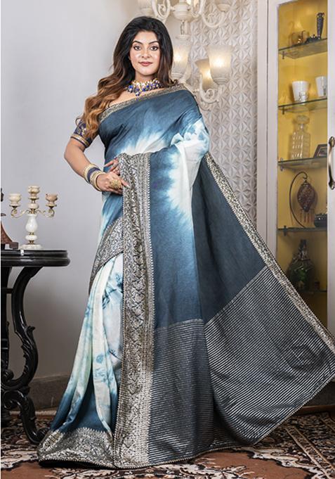 Grey Marble Dye Work Dola Silk Saree Set