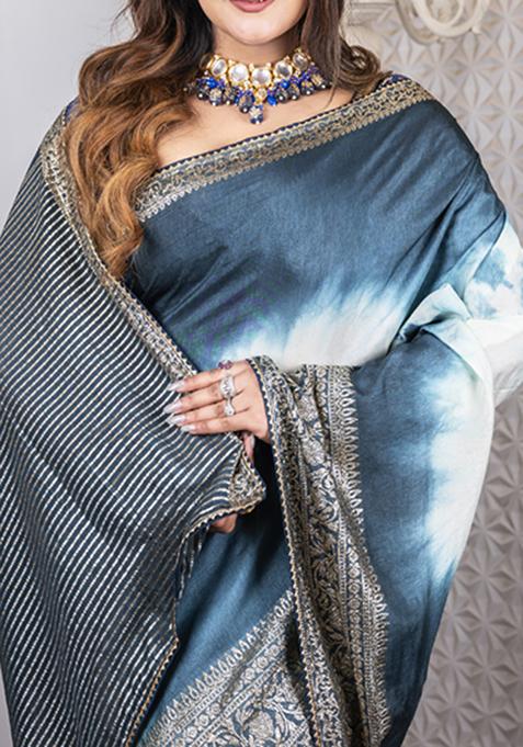 Grey Marble Dye Work Dola Silk Saree Set