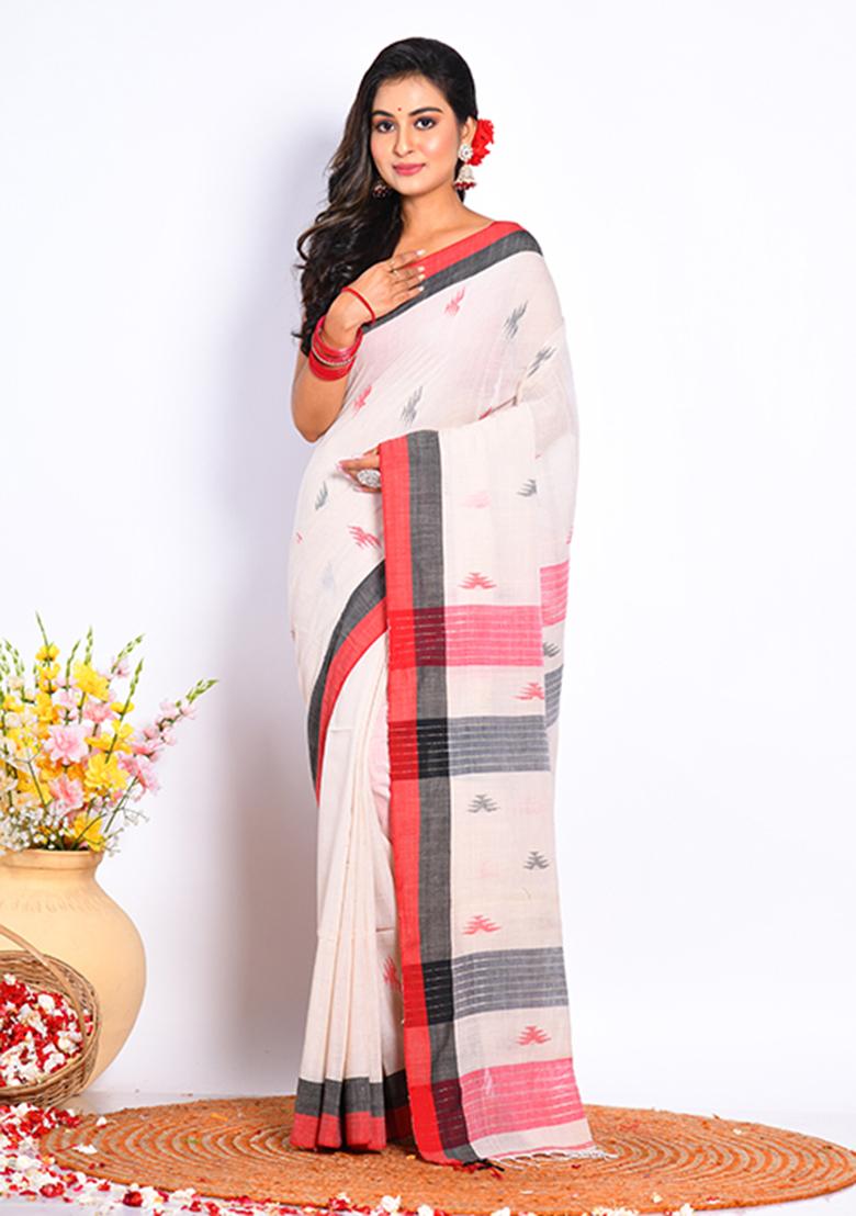 Off White Bengal Linen Cotton Saree Set
